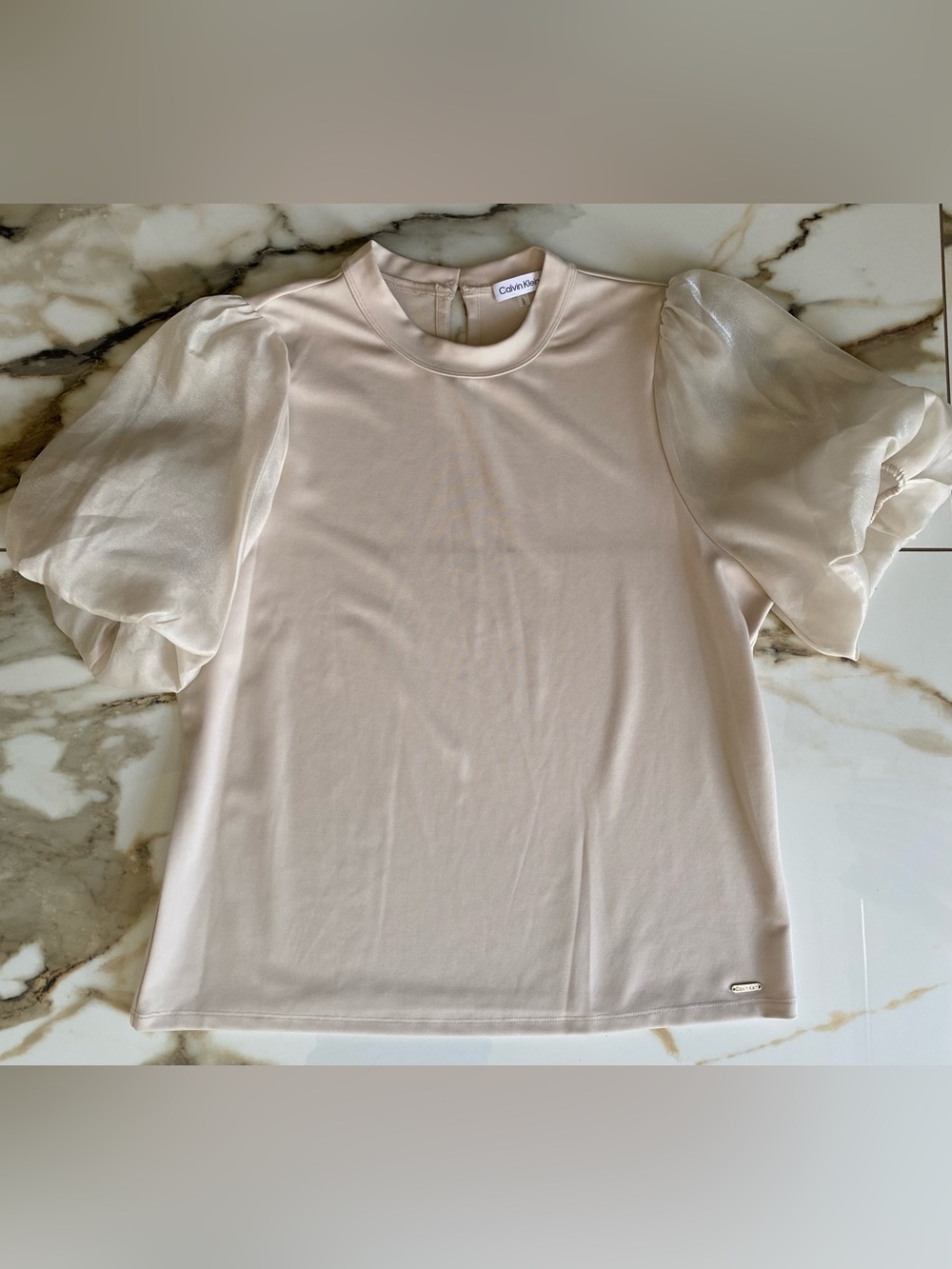 Calvin Klein Mixed Media Crew Neck Puff Satin Sleeve Cream Top (Size L)